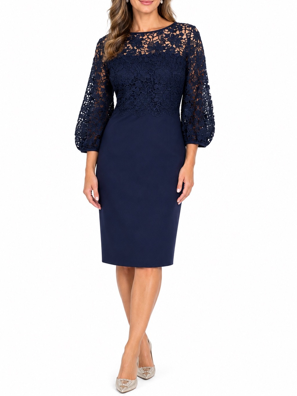 Lauren Ralph Lauren Size 14 Lace-Overlay Balloon-Sleeve Sheath Dress Navy Blue